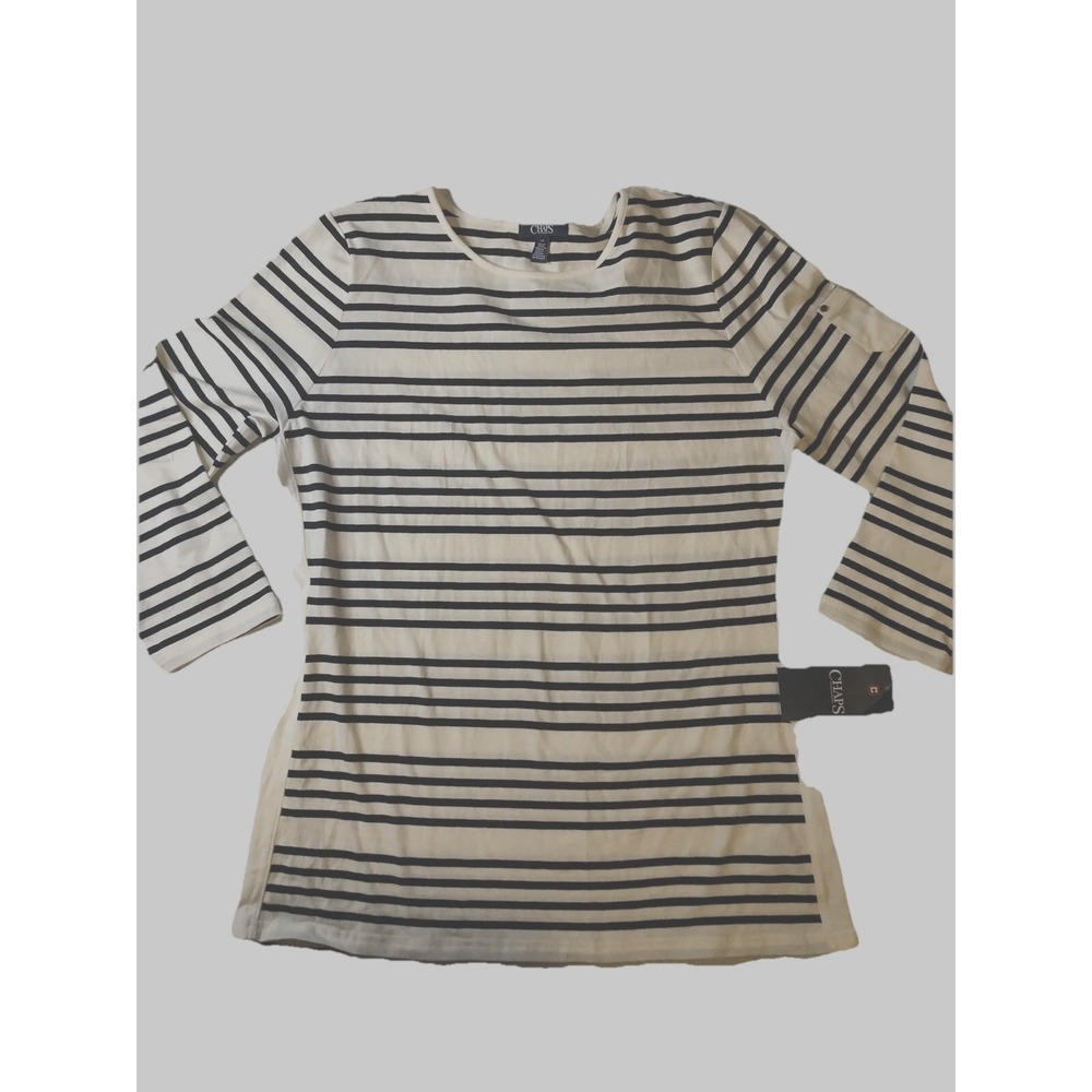 Chaps - NEW - Women's - Large - 3/4 Sleeved - Black & Cream Striped Shirt NWT
